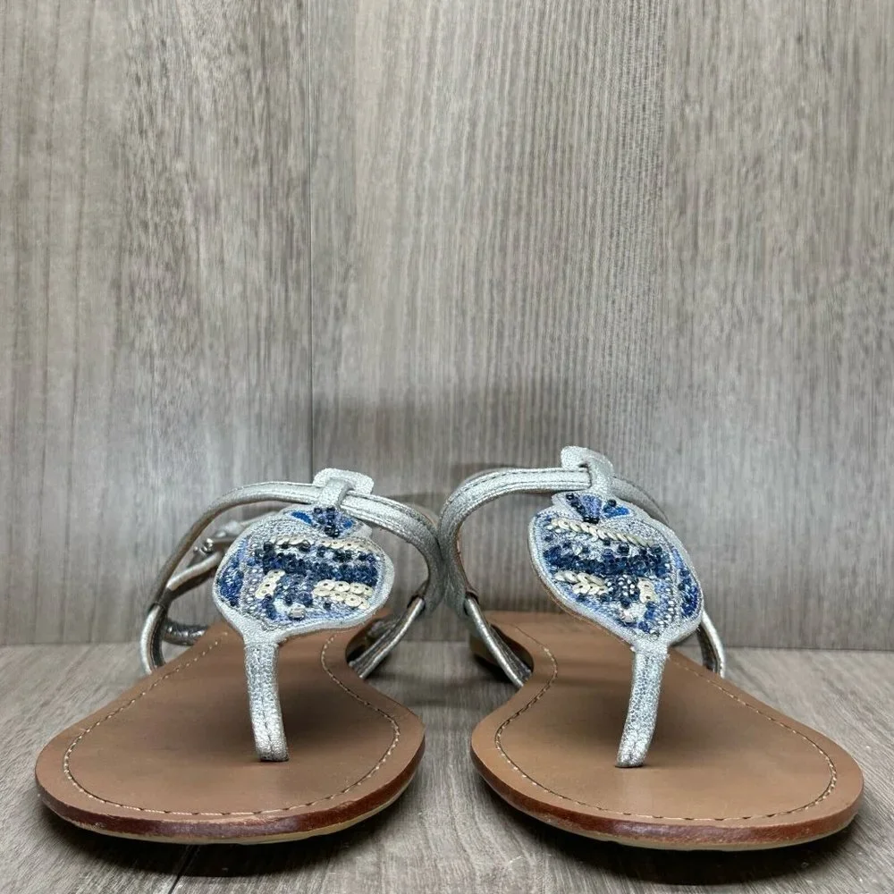Coach Sandals Womens 7B Olga Embellished T-Strap Slingback Flats Leather Silver